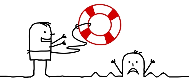 Drawing of a man throwing a life preserver to a drowning man.