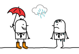 Drawing of man offering an umbrella in the rain to a sad person.