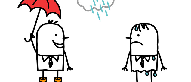Drawing of man offering an umbrella in the rain to a sad person.
